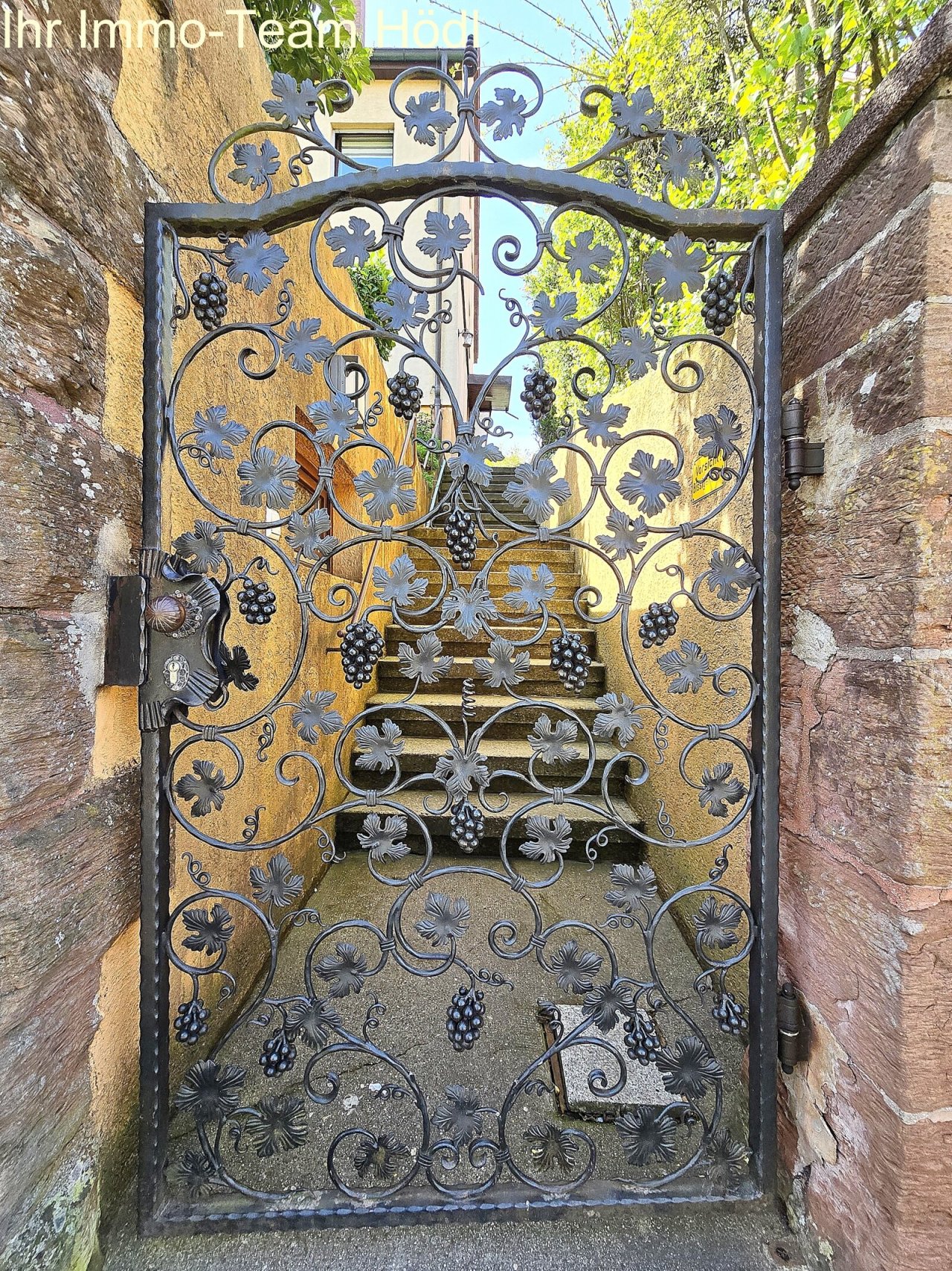 Kunstvolle Weinreben-Pforte: Exklusiver Eingang mit handgeschmiedetem Weinblatt-Design und Trauben-Motiven Kunstvolle Weinreben-Pforte: Exklusiver Eingang mit handgeschmiedetem Weinblatt-Design und Trauben-Motiven